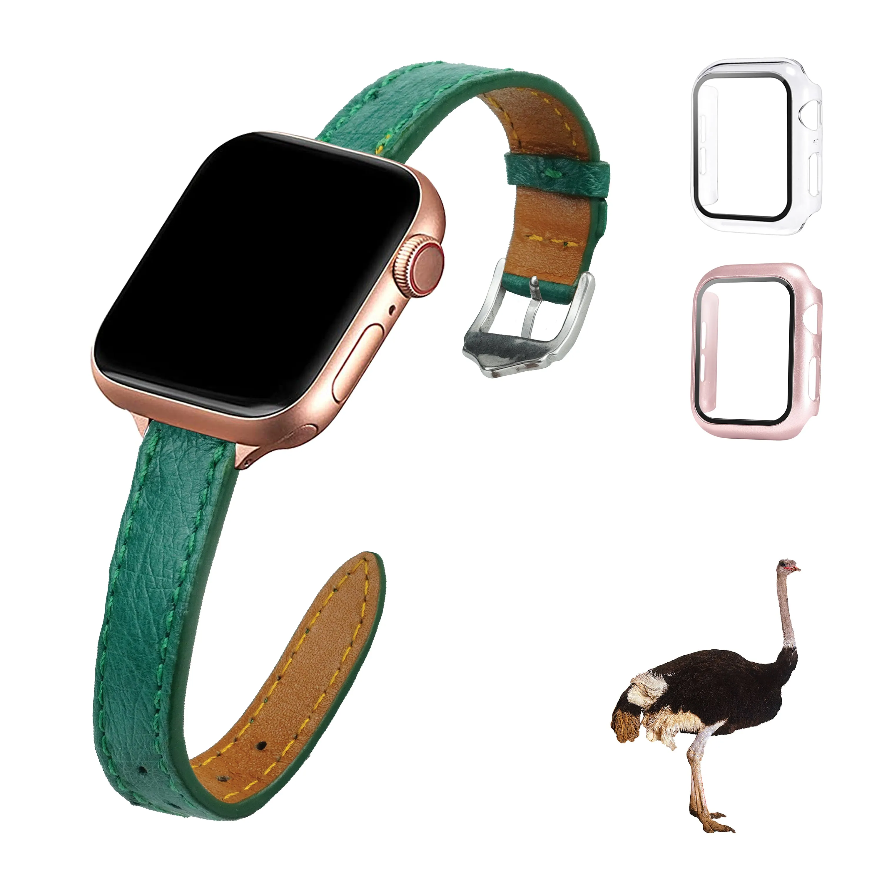 Green Flat Ostrich Leather Band Compatible Apple Watch Iwatch 44mm Screen Protector Case Silver Adapter Replacement Strap For Smartwatch Series 4 5 6 SE Leather Handmade AW-188S-W-44MM