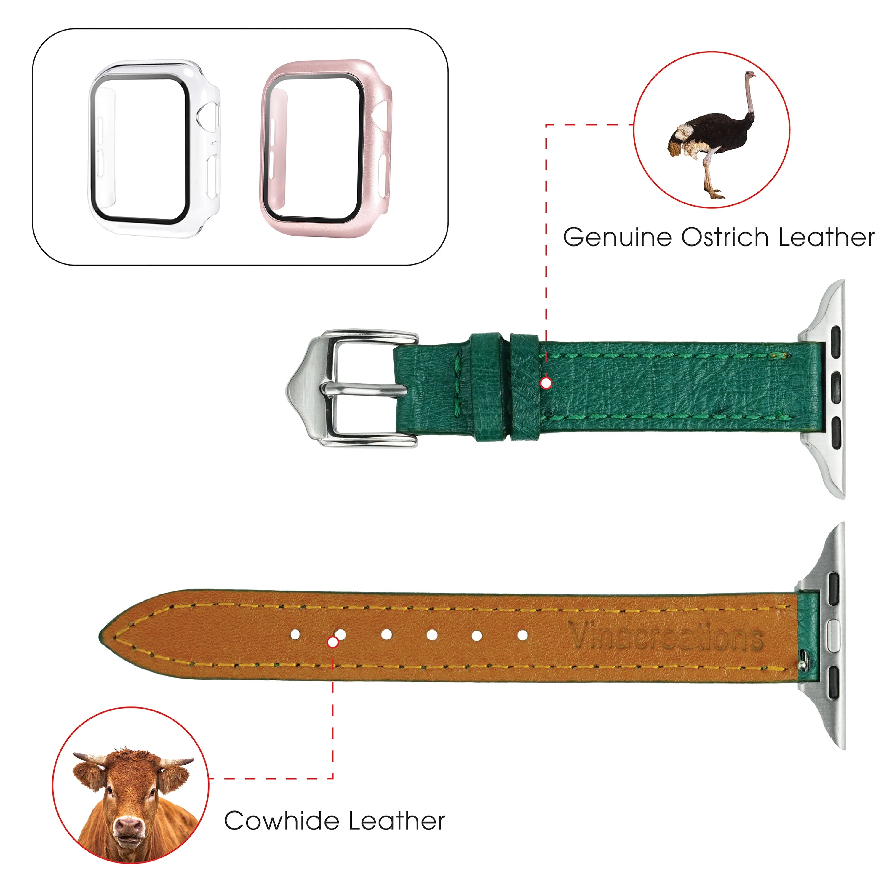 Green Flat Ostrich Leather Band Compatible Apple Watch Iwatch 44mm Screen Protector Case Silver Adapter Replacement Strap For Smartwatch Series 4 5 6 SE Leather Handmade AW-188S-W-44MM