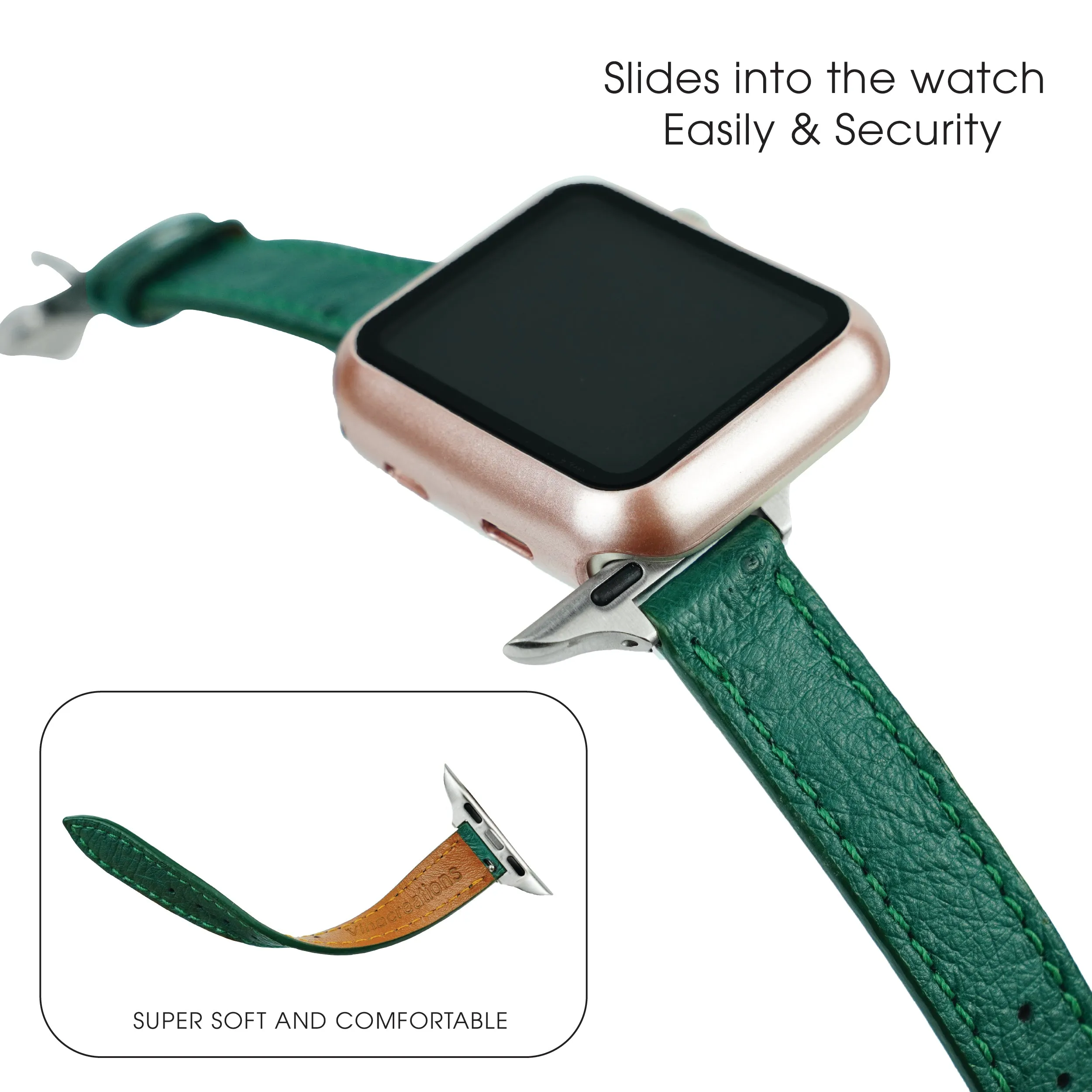 Green Flat Ostrich Leather Band Compatible Apple Watch Iwatch 44mm Screen Protector Case Silver Adapter Replacement Strap For Smartwatch Series 4 5 6 SE Leather Handmade AW-188S-W-44MM