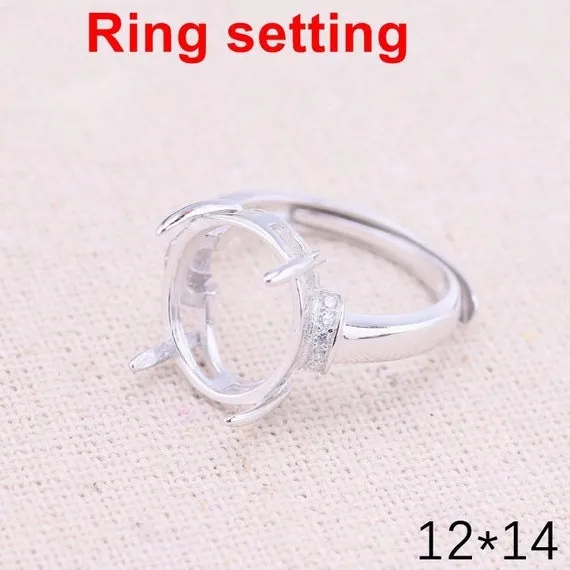 Halo Ring Setting Blank 12x14mm 925 Sterling Silver CZ Semi Mount for Oval Faceted Cabochon Stone 4 Prongs Adjustable Wholesale Available