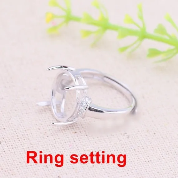 Halo Ring Setting Blank 12x14mm 925 Sterling Silver CZ Semi Mount for Oval Faceted Cabochon Stone 4 Prongs Adjustable Wholesale Available