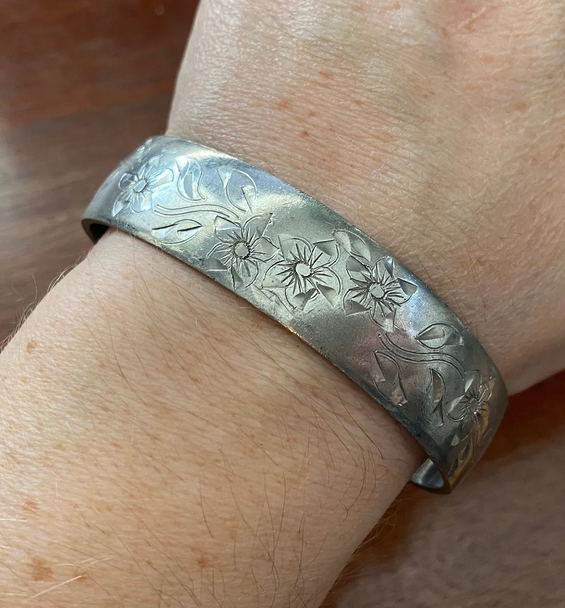 Hand Engraved Hobska Pewter Signed Cuff Flower Bracelet