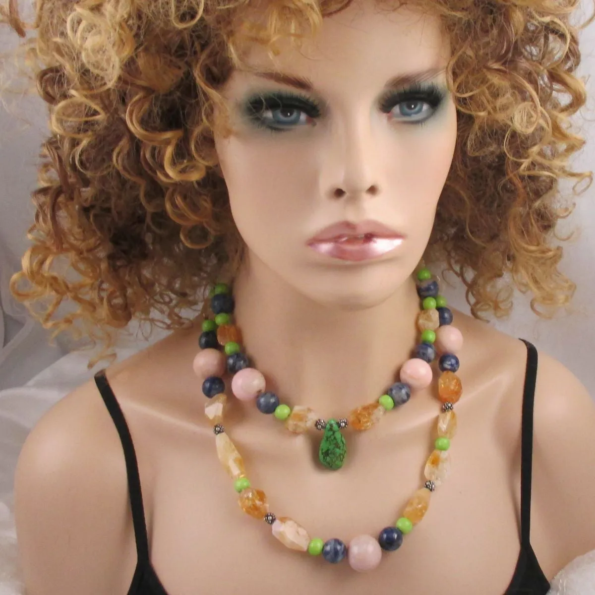 Handcrafted Big Bold Double Strand Multi-Gemstone Statement Necklace