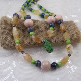 Handcrafted Big Bold Double Strand Multi-Gemstone Statement Necklace