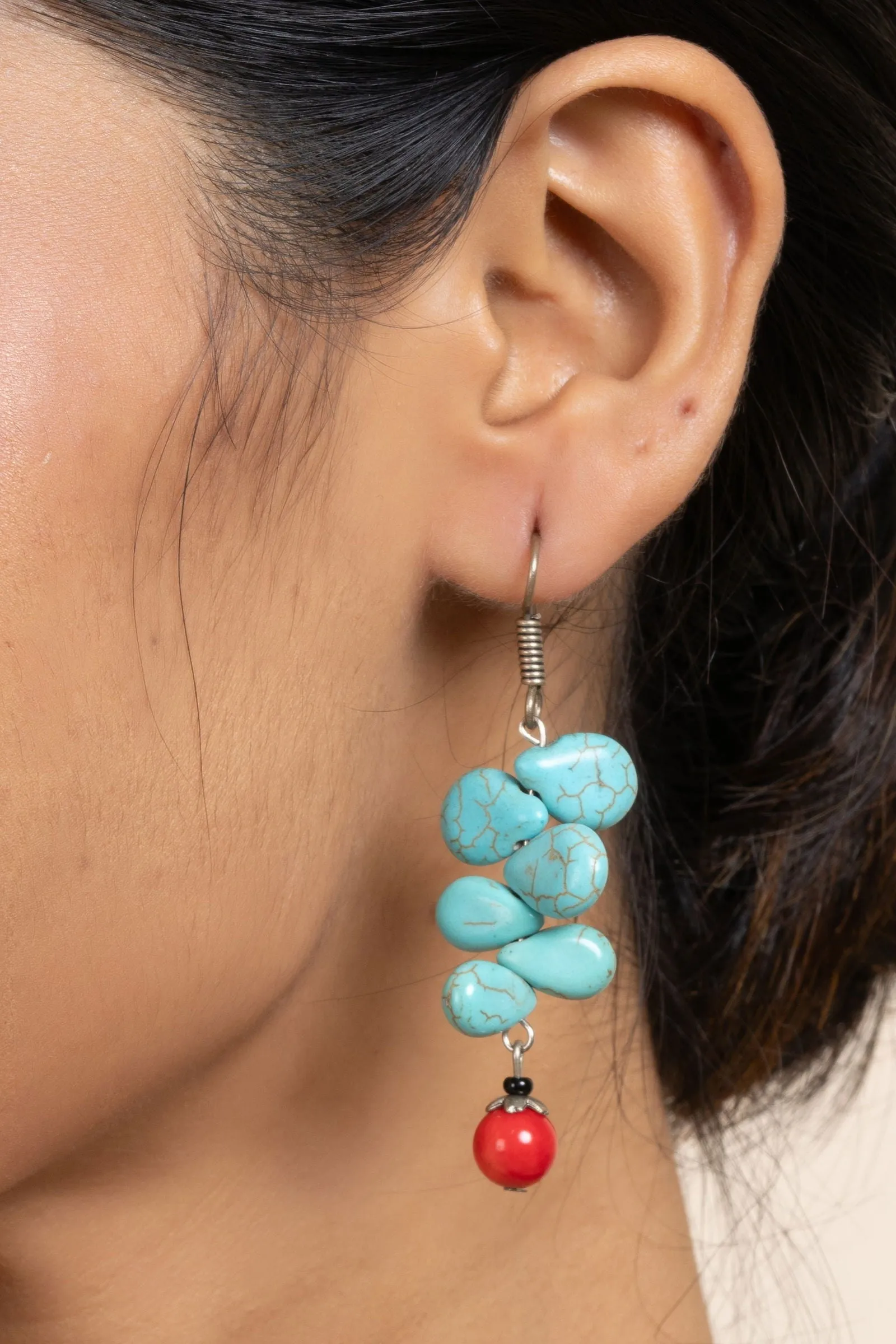 Handcrafted Semi Precious Turquoise and Red Drop Earrings - Gemstone Jewelry for Sophisticated Style