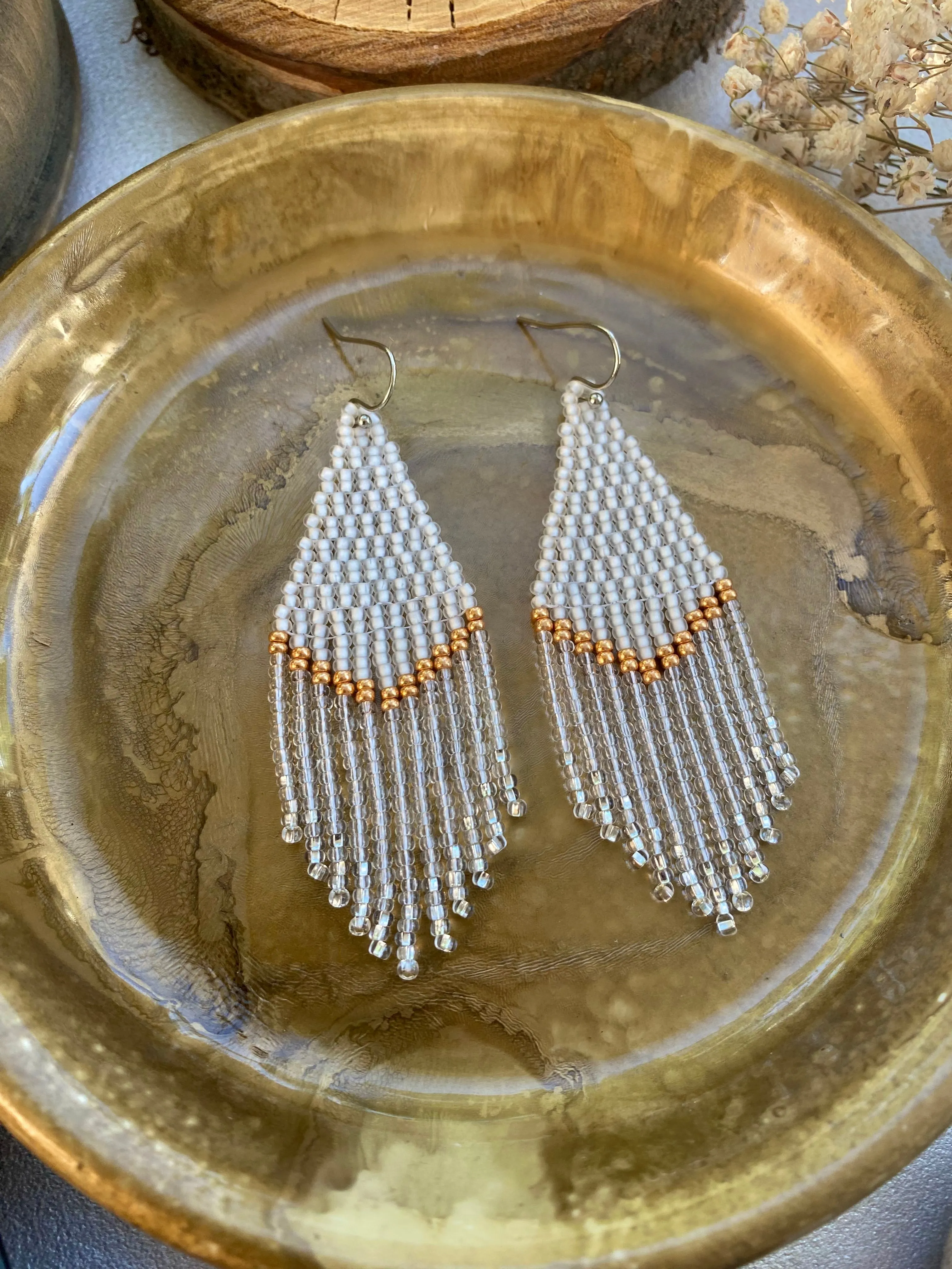 Handmade White Gold Crystal Seed Bead Earrings, Wedding Fringe Chandelier Earrings for Women, Bride Bridal Earrings, Statement Bohemian Earrings