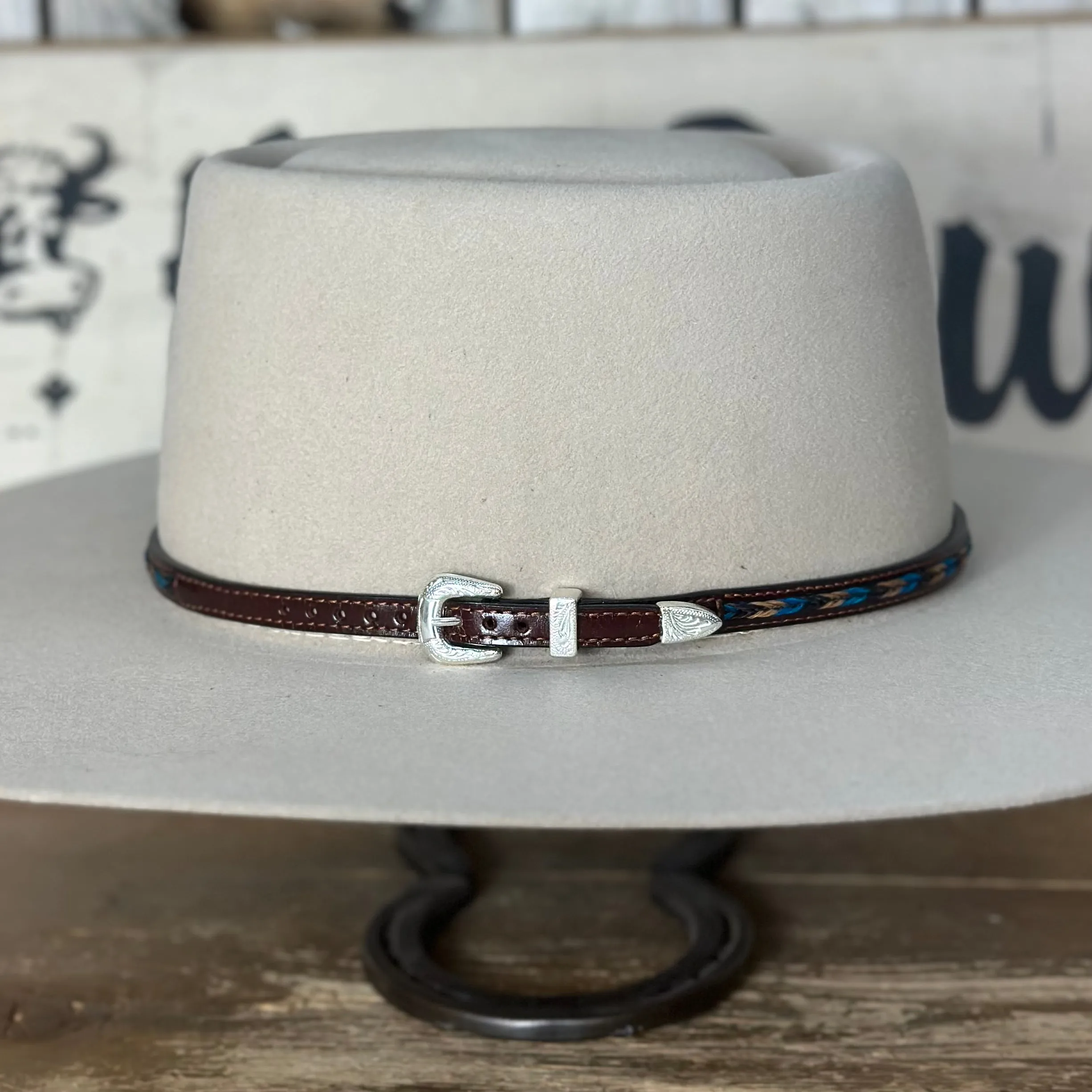 Hatband | Brown Leather w/Brown and Turquoise Horsehair Overlay Braid