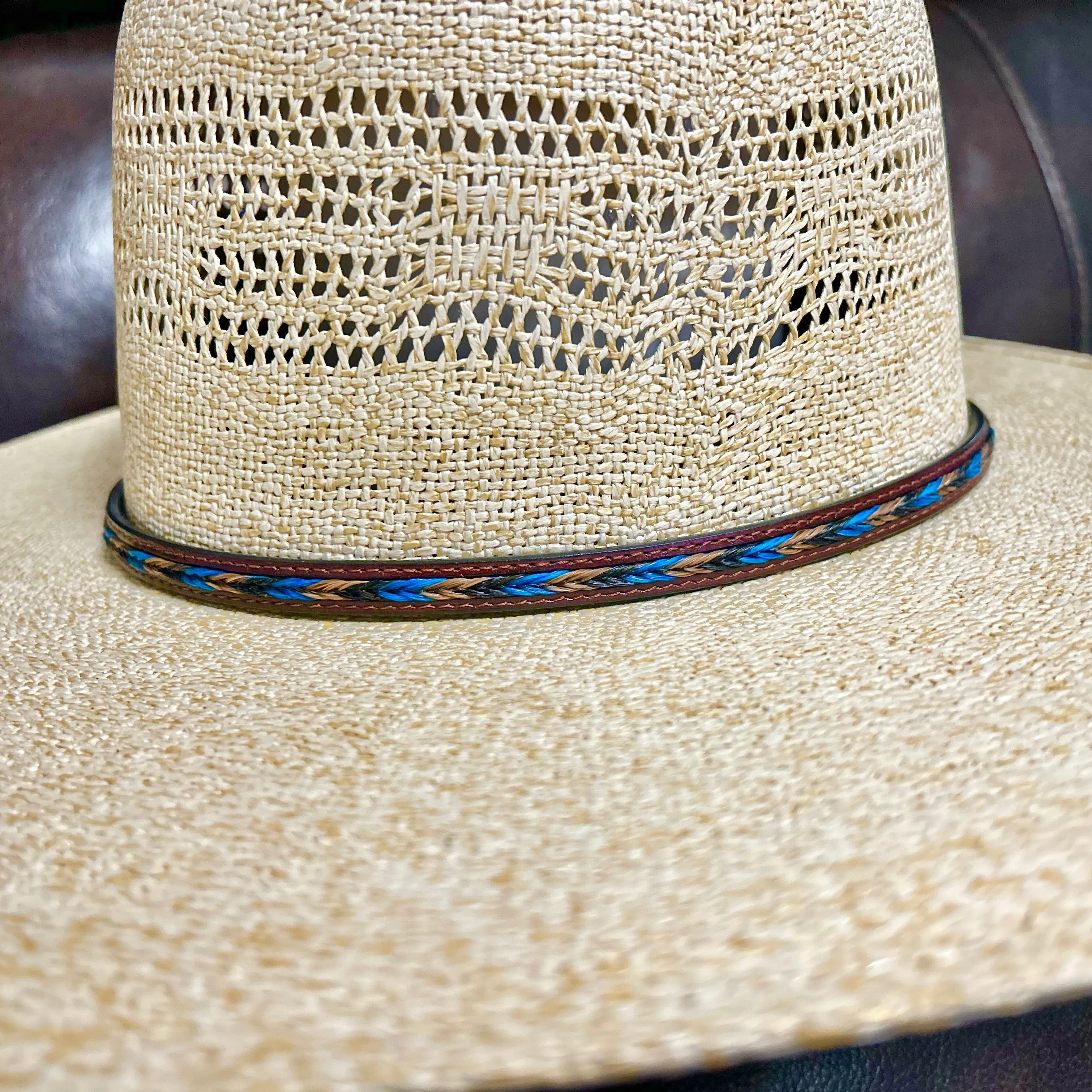 Hatband | Brown Leather w/Brown and Turquoise Horsehair Overlay Braid