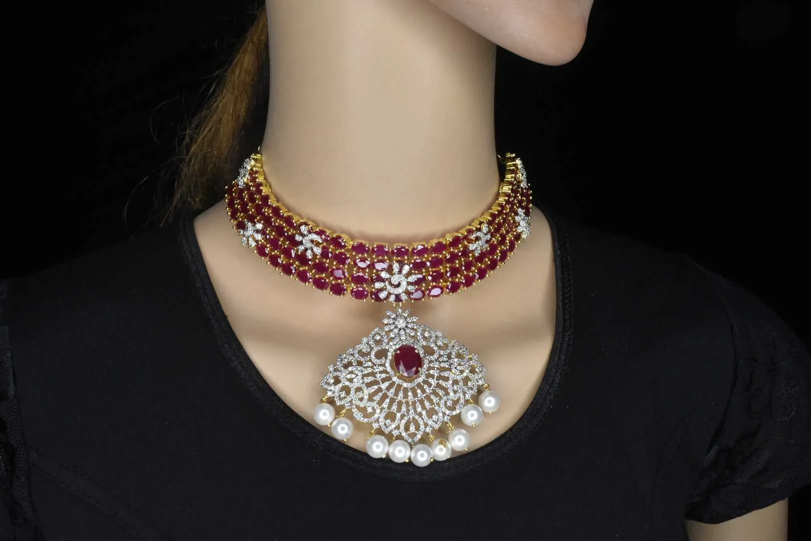 Heavily Studded Pearl And RubyChoker Set