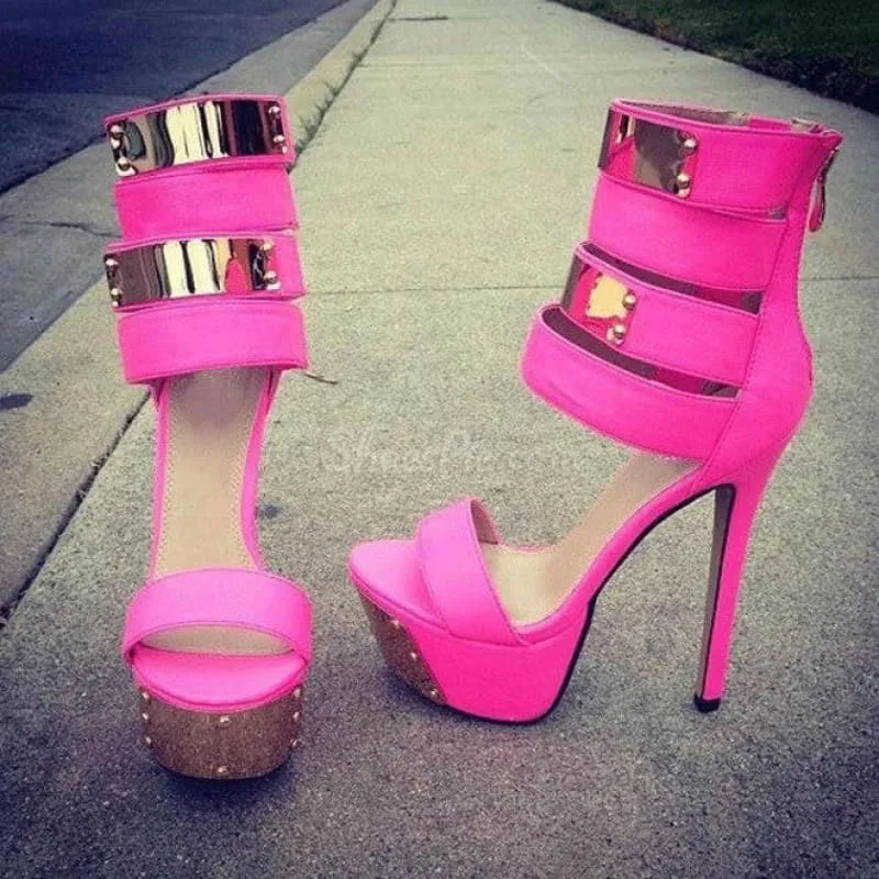 Hot Pink Studded Platform Heel Sandals with Metallic Accents