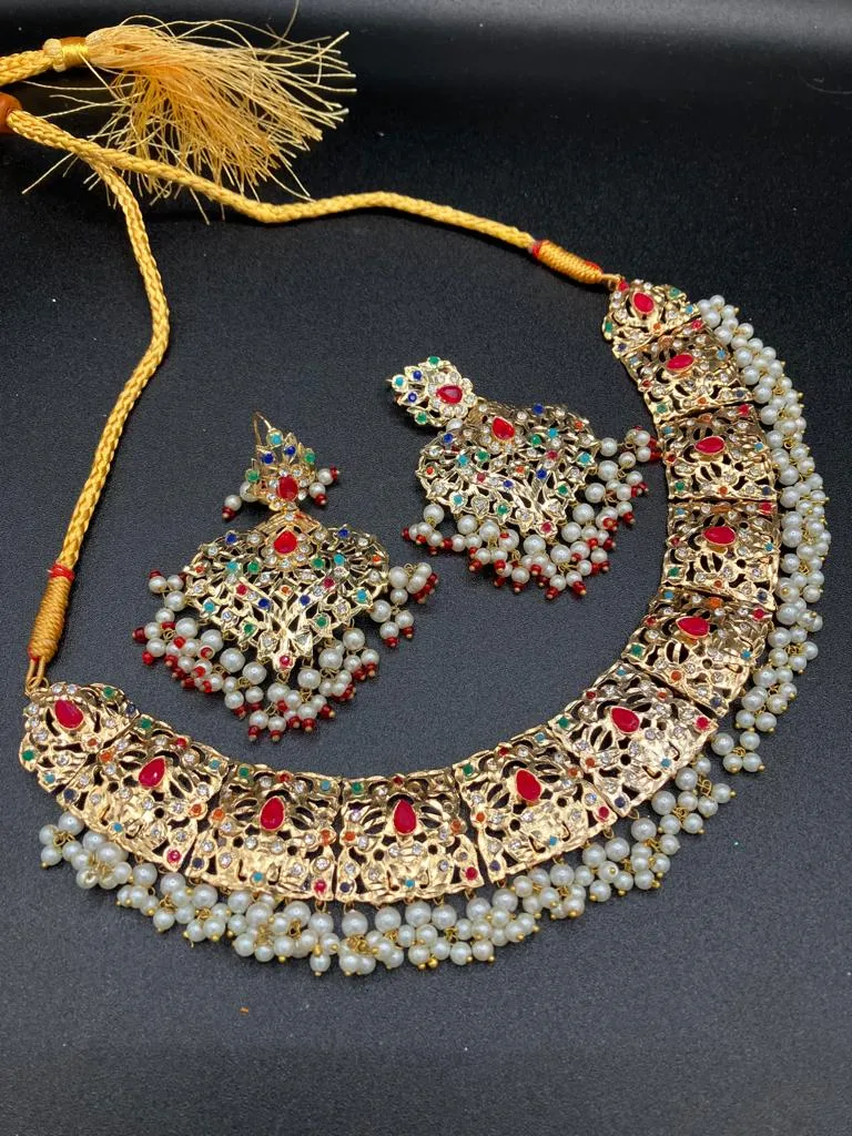 Hyderabadi jewelry set with golden plated choker & earrings- NS0181