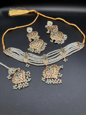 Hyderabadi style White pearls jewelry set with choker and anarkali earrings