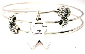 I Love My Soldier Awareness Ribbon Triple Style Expandable Bangle Bracelet