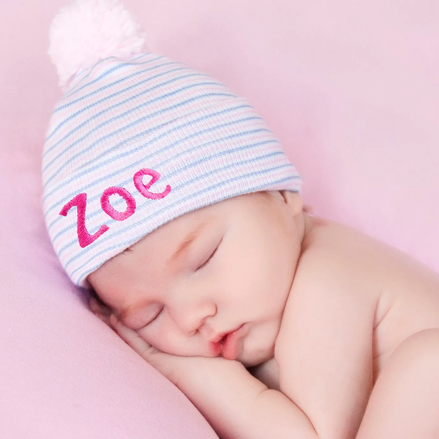 ilybean Personalized Traditional Stripe with PINK Pom Pom Newborn Girls Hat