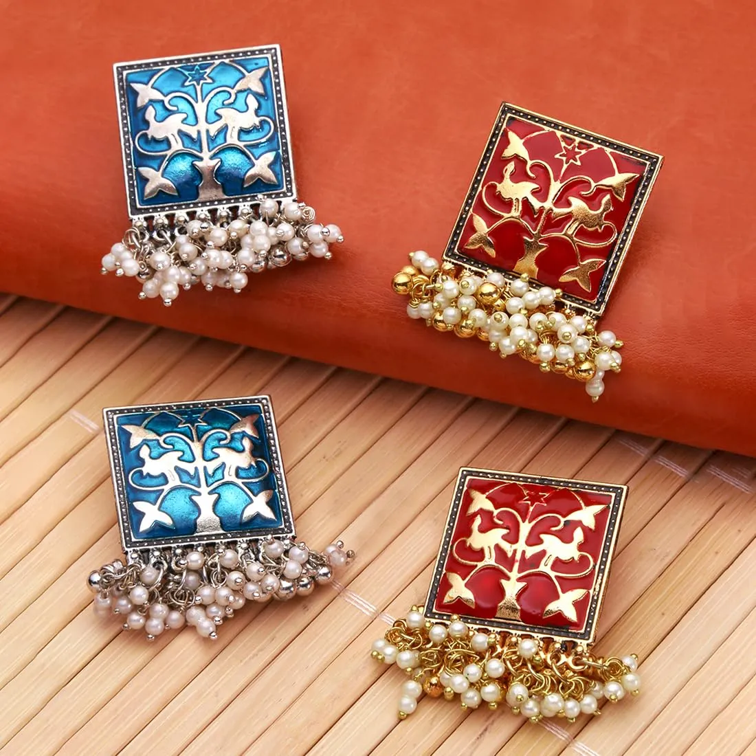 Kairangi Stud Earrings for Women Combo of 2 Pairs Red and Blue Meenakari Moti Design Traditional Stud Earrings for Women and Girls