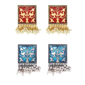 Kairangi Stud Earrings for Women Combo of 2 Pairs Red and Blue Meenakari Moti Design Traditional Stud Earrings for Women and Girls