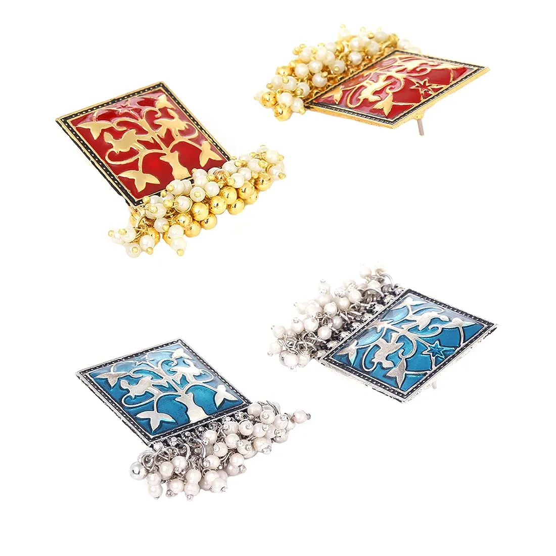 Kairangi Stud Earrings for Women Combo of 2 Pairs Red and Blue Meenakari Moti Design Traditional Stud Earrings for Women and Girls