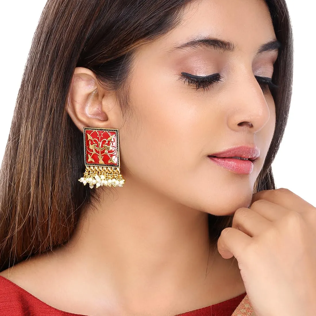 Kairangi Stud Earrings for Women Combo of 2 Pairs Red and Blue Meenakari Moti Design Traditional Stud Earrings for Women and Girls