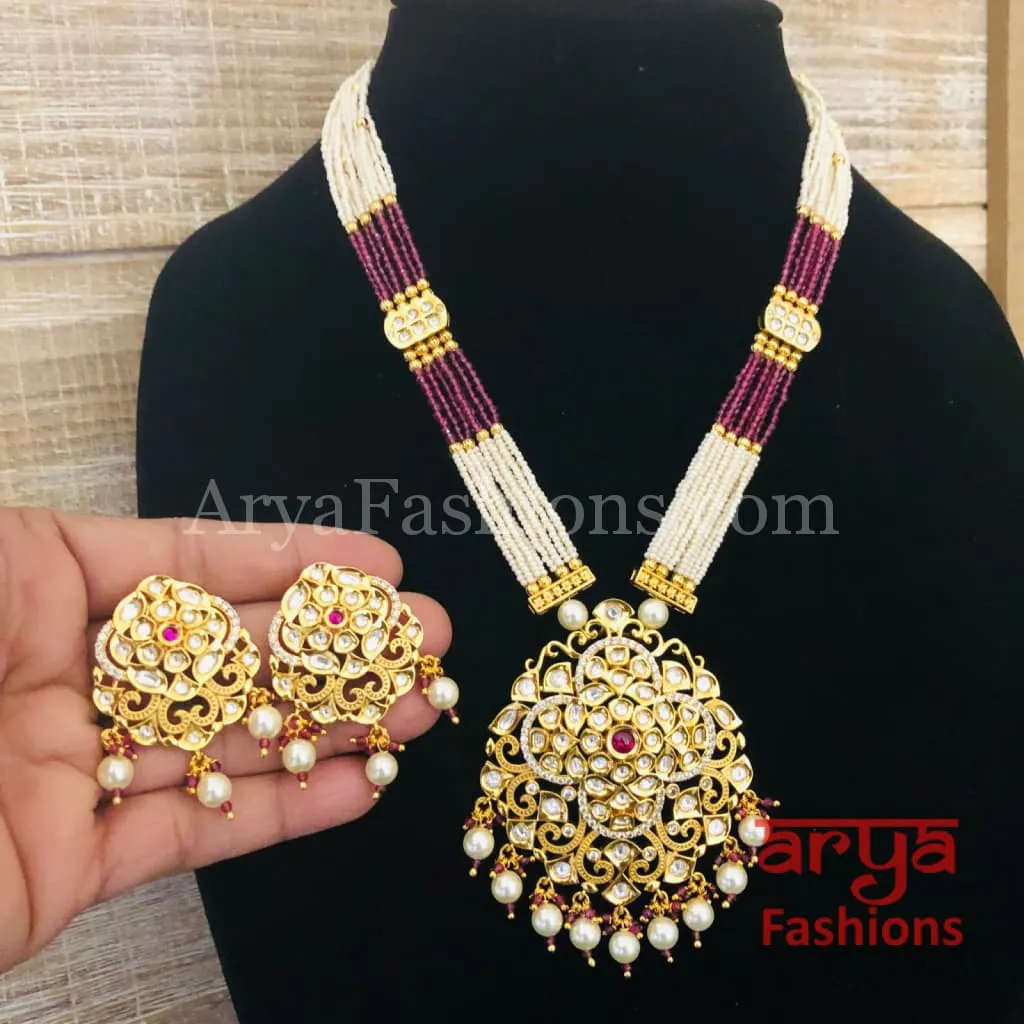 Kashi CZ Kundan Statement Necklace/Ruby Pink Beads Necklace/Handmade Necklace