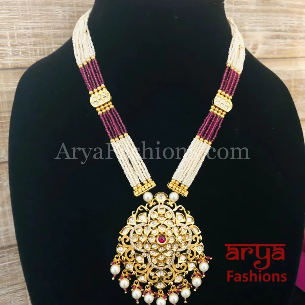 Kashi CZ Kundan Statement Necklace/Ruby Pink Beads Necklace/Handmade Necklace