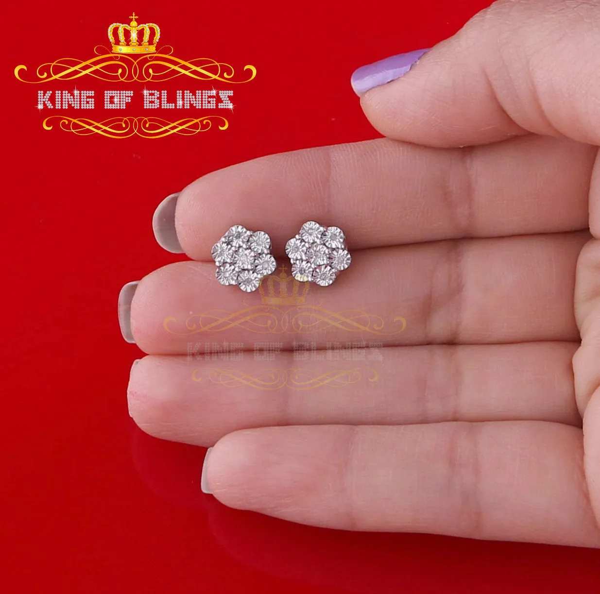 King Of Bling's 0.05ct Diamond 925 Sterling Silver White Floral Style Earrings For Men / Women