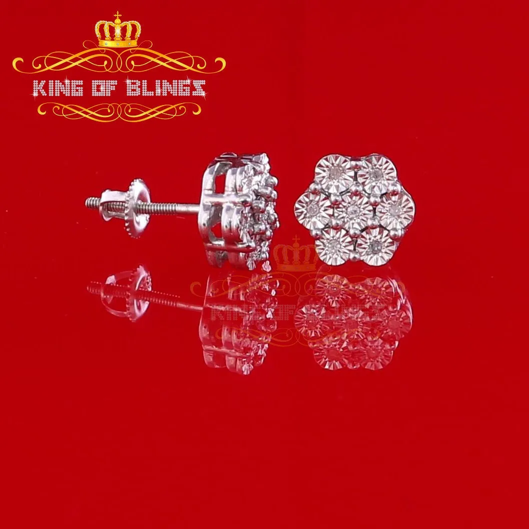 King Of Bling's 0.05ct Diamond 925 Sterling Silver White Floral Style Earrings For Men / Women