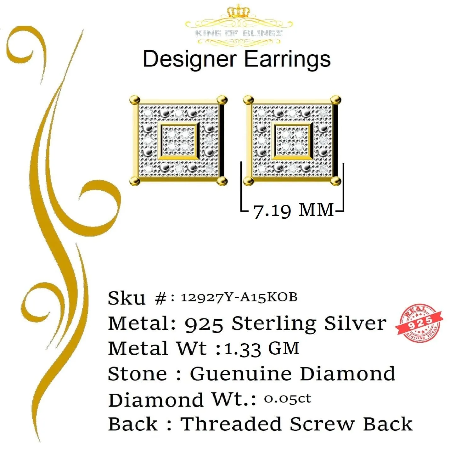 King of Blings-0.05ct Diamond 925 Sterling Silver Yellow Stud Women's & Men's Square Earrings