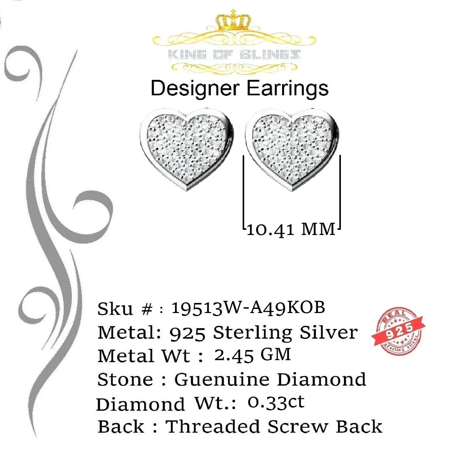 King Of Bling's 0.33ct Micro Pave 925 White Silver Diamond Heart Earring For Men's / Women's