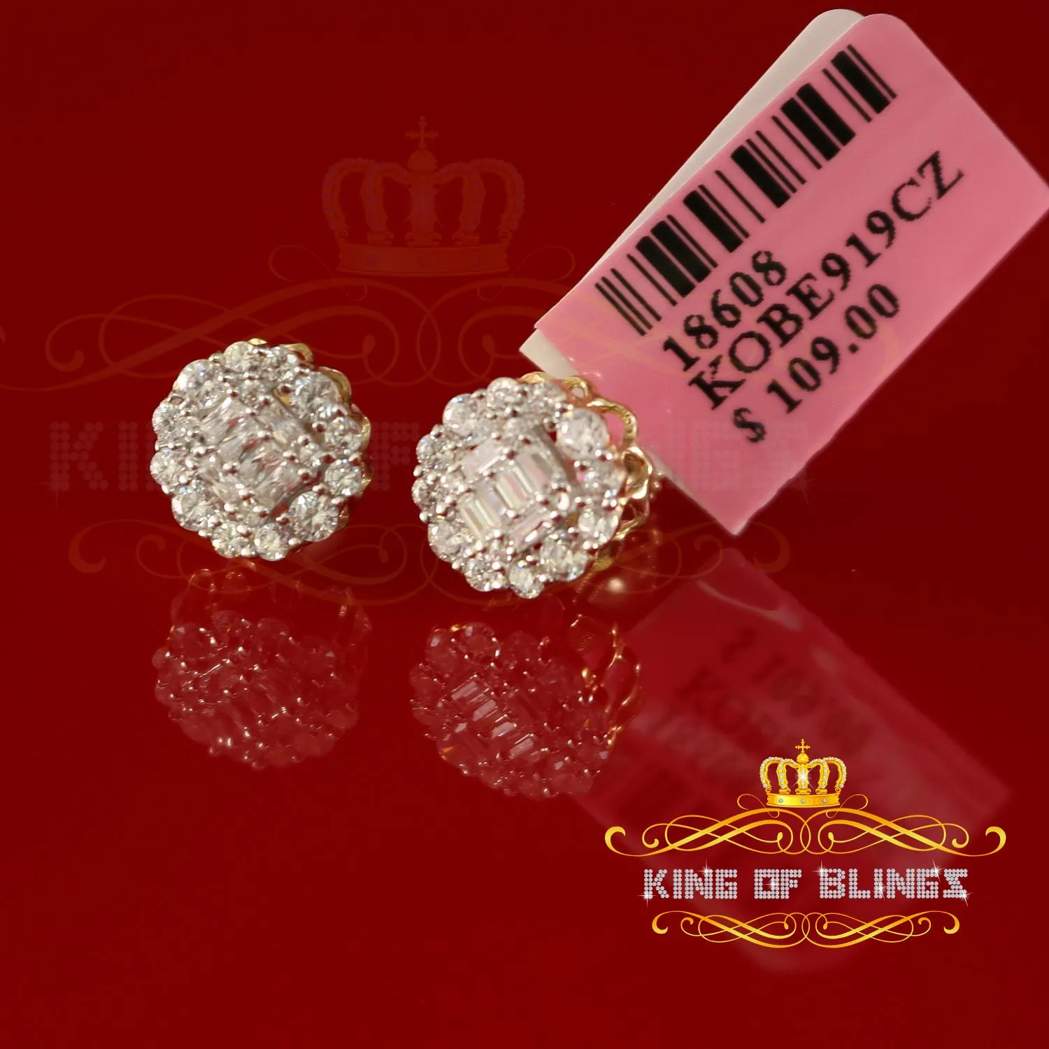 King of Bling's 0.94ct Cubic Zirconia 925 Yellow Silver Women's & Men's Hip Hop Flower Earrings