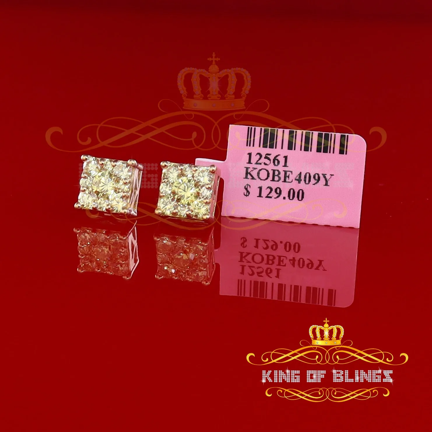 King of Bling's 2.00ct Cubic Zirconia 925 Yellow Silver Women's & Men's Hip Hop Square Earrings