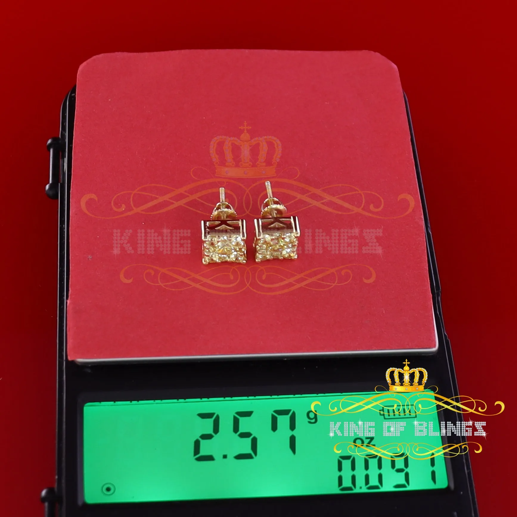 King of Bling's 2.00ct Cubic Zirconia 925 Yellow Silver Women's & Men's Hip Hop Square Earrings