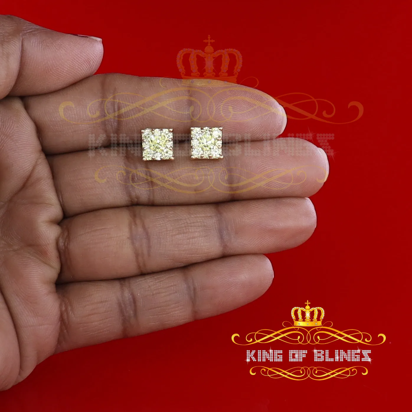 King of Bling's 2.00ct Cubic Zirconia 925 Yellow Silver Women's & Men's Hip Hop Square Earrings