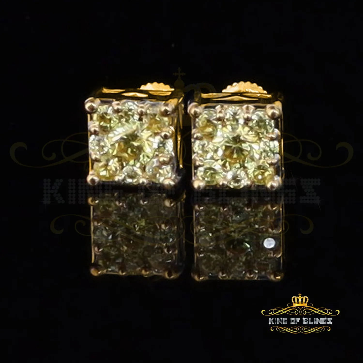 King of Bling's 2.00ct Cubic Zirconia 925 Yellow Silver Women's & Men's Hip Hop Square Earrings