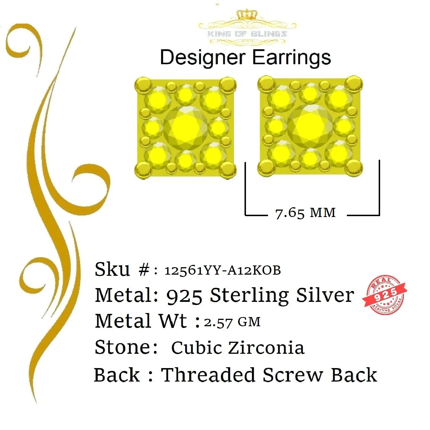 King of Bling's 2.00ct Cubic Zirconia 925 Yellow Silver Women's & Men's Hip Hop Square Earrings