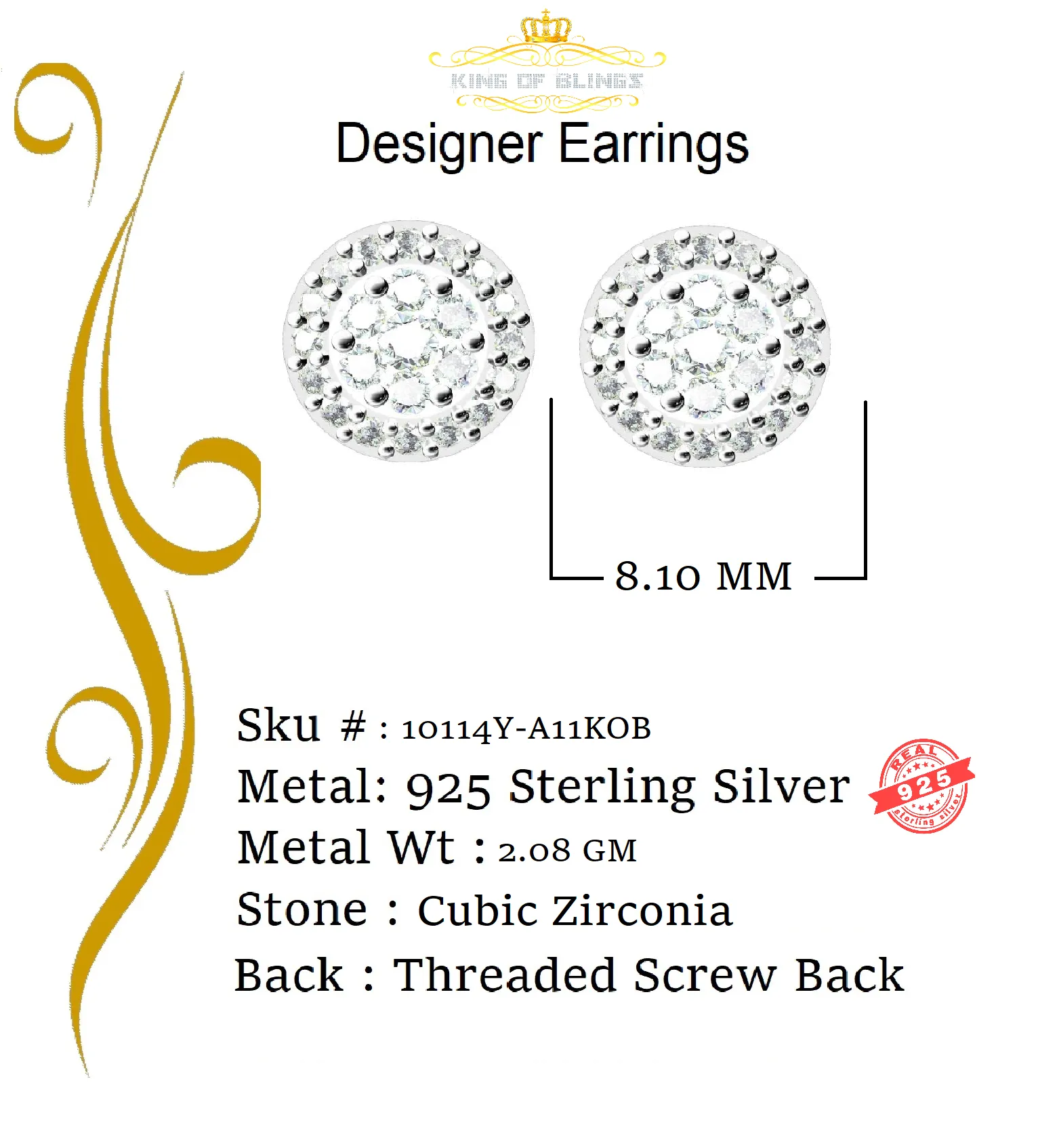 King of Bling's 925 Yellow Silver 0.90ct Cubic Zirconia Women's & Men's Hip Hop Flower Earrings