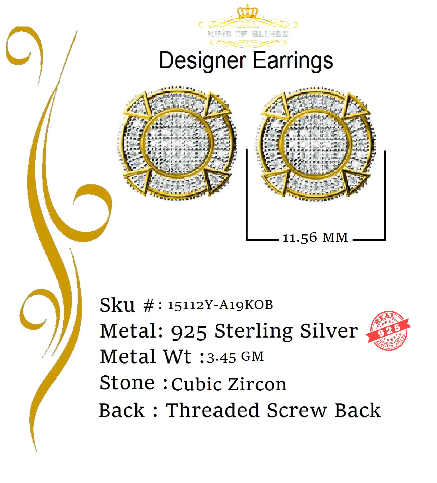 King of Bling's 925 Yellow Sterling Silver 1.46ct Cubic Zirconia Hip Hop Round Ladies Earrings