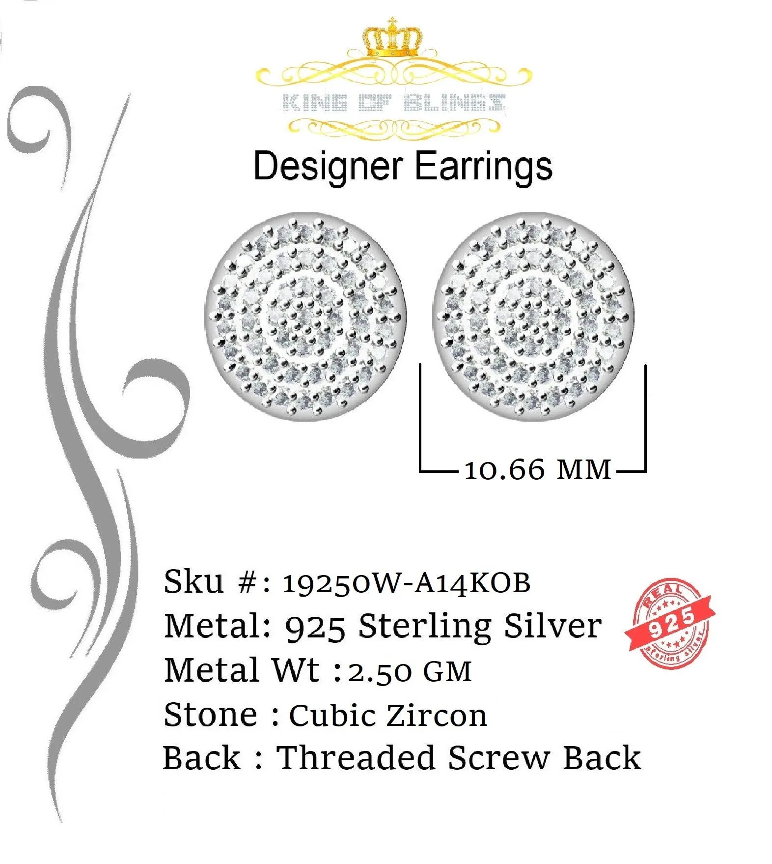 King of Blings- Aretes Para Hombre 925 White Silver 1.48ct Cubic Zirconia Round Women's Earring