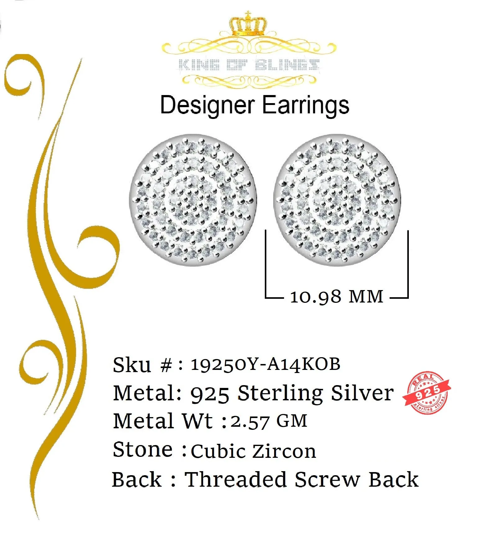 King of Bling's Aretes Para Hombre 925 Yellow Silver 1.48ct Cubic Zirconia Round Women's Earring