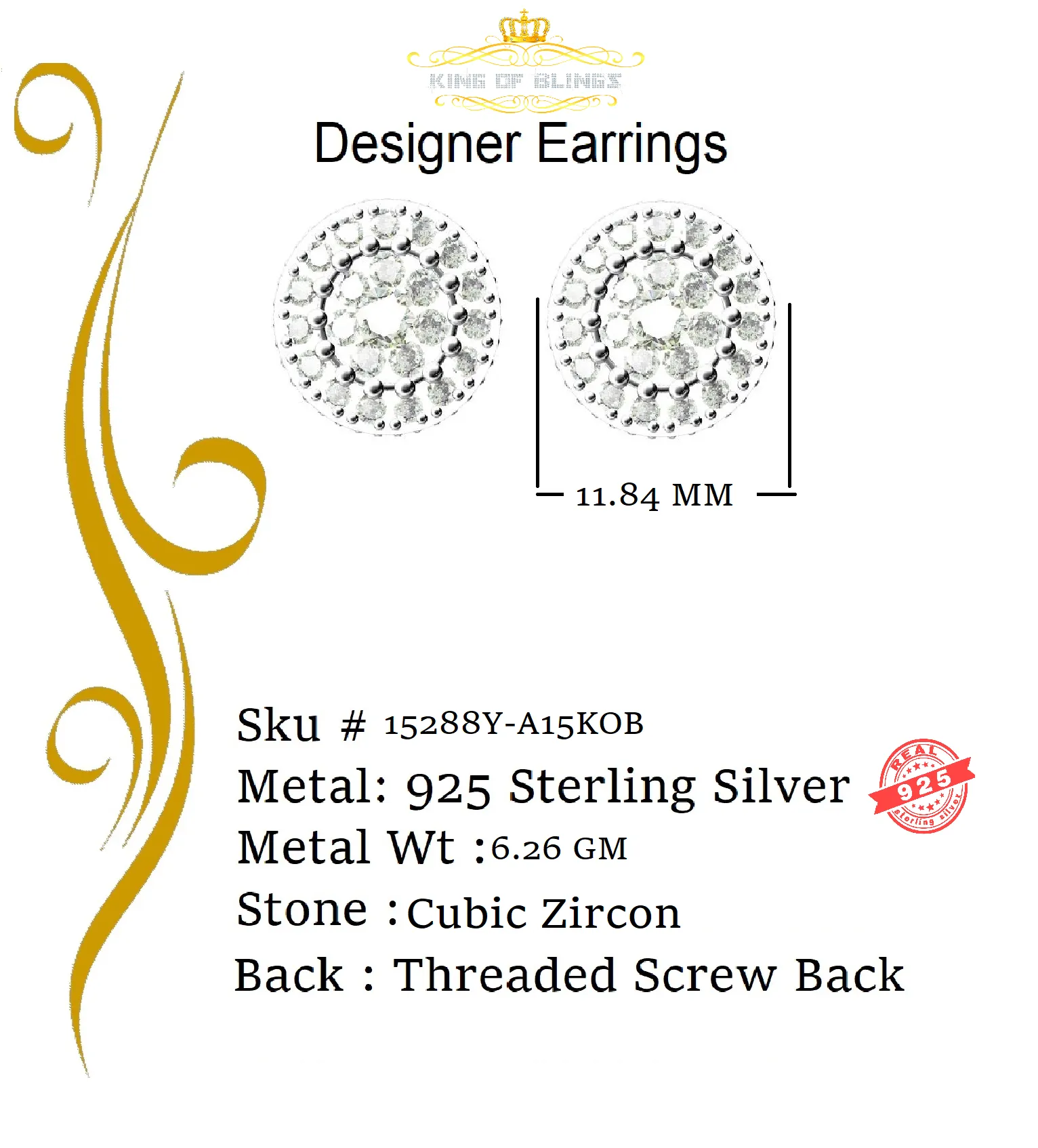 King of Bling's Aretes Para Hombre 925 Yellow Silver 6.57ct Cubic Zirconia Round Ladies Earring