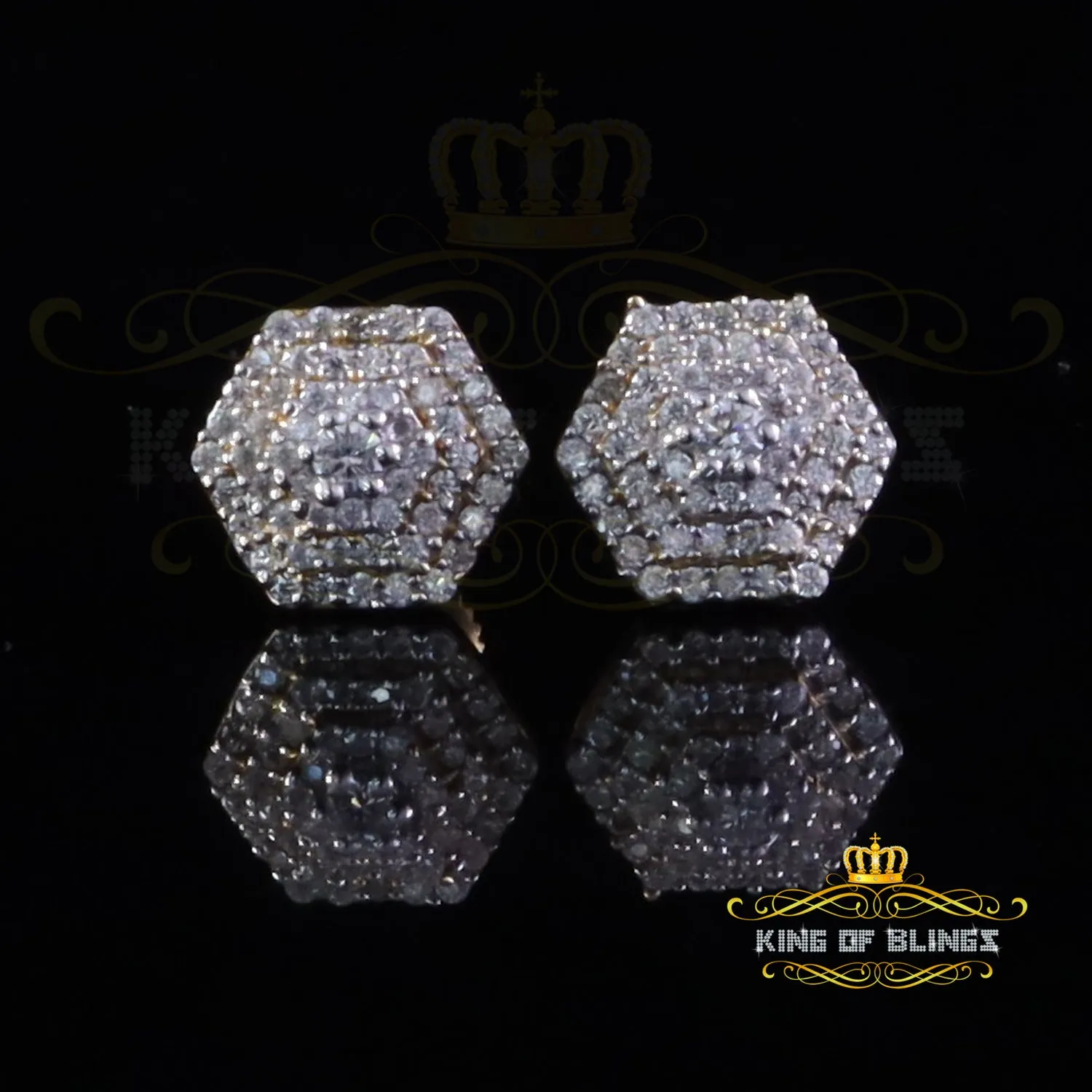 King  of Bling's Hexogonal Stud Earrings 0.50ct VVS 'D' Moissanite 925 Yellow Silver Men's/Womens