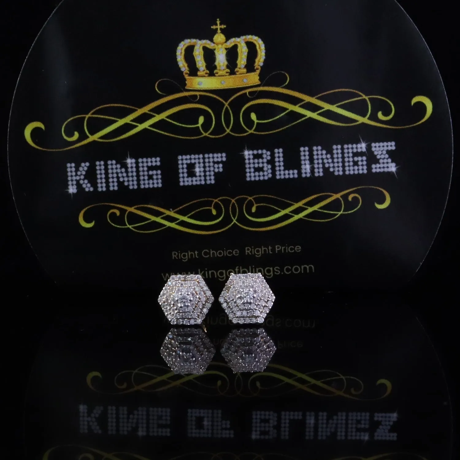 King  of Bling's Hexogonal Stud Earrings 0.50ct VVS 'D' Moissanite 925 Yellow Silver Men's/Womens