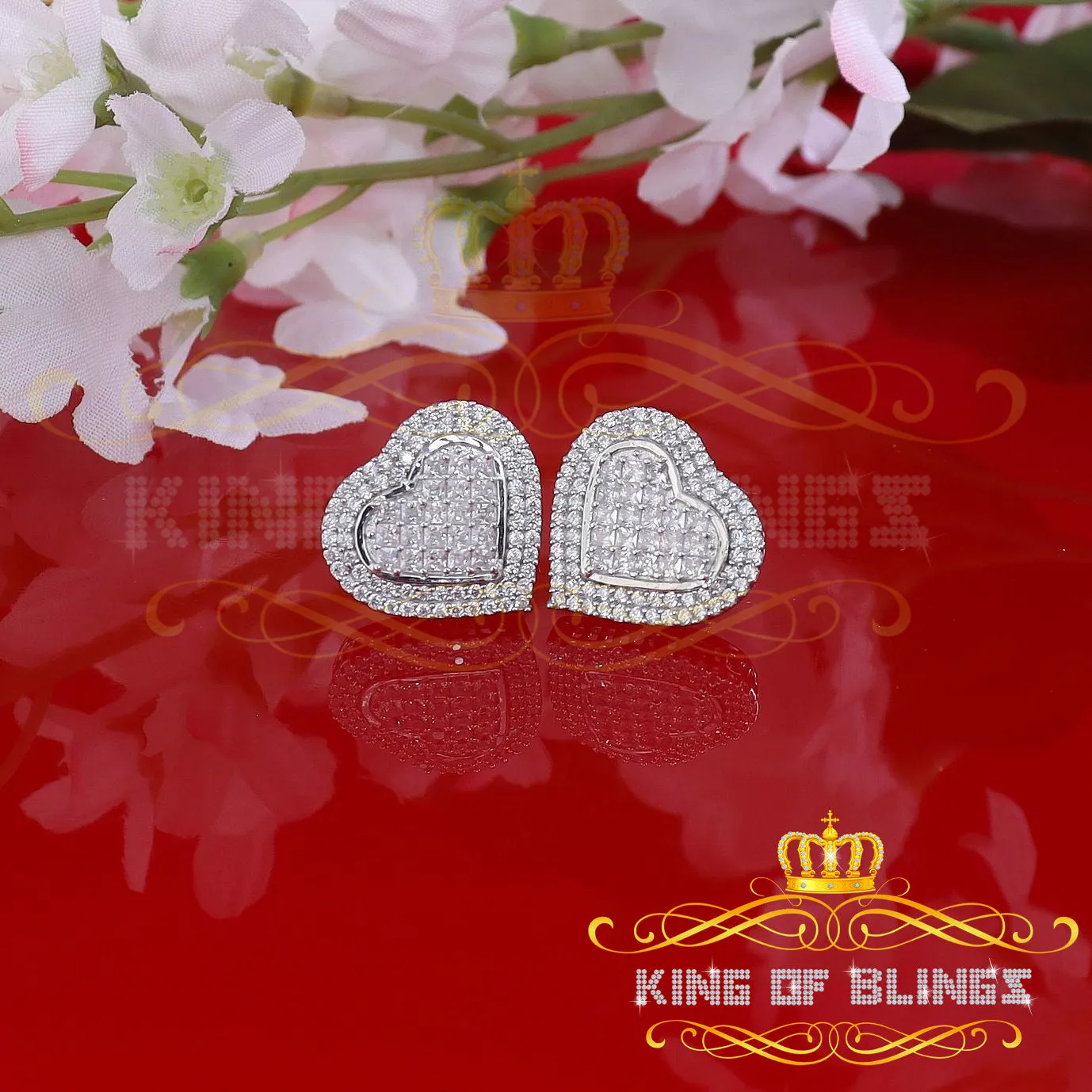 King of Blings- HIp Hop 925 White Sterling Silver 1.44ct Cubic Zirconia Heart Women's Earrings