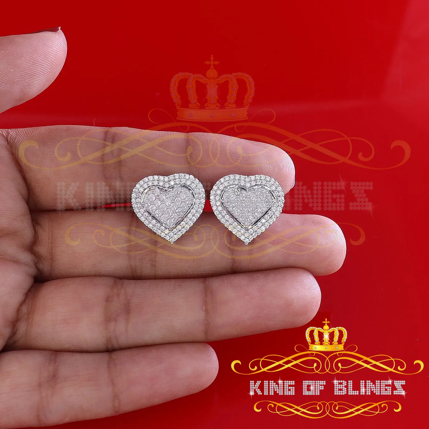 King of Blings- HIp Hop 925 White Sterling Silver 1.44ct Cubic Zirconia Heart Women's Earrings