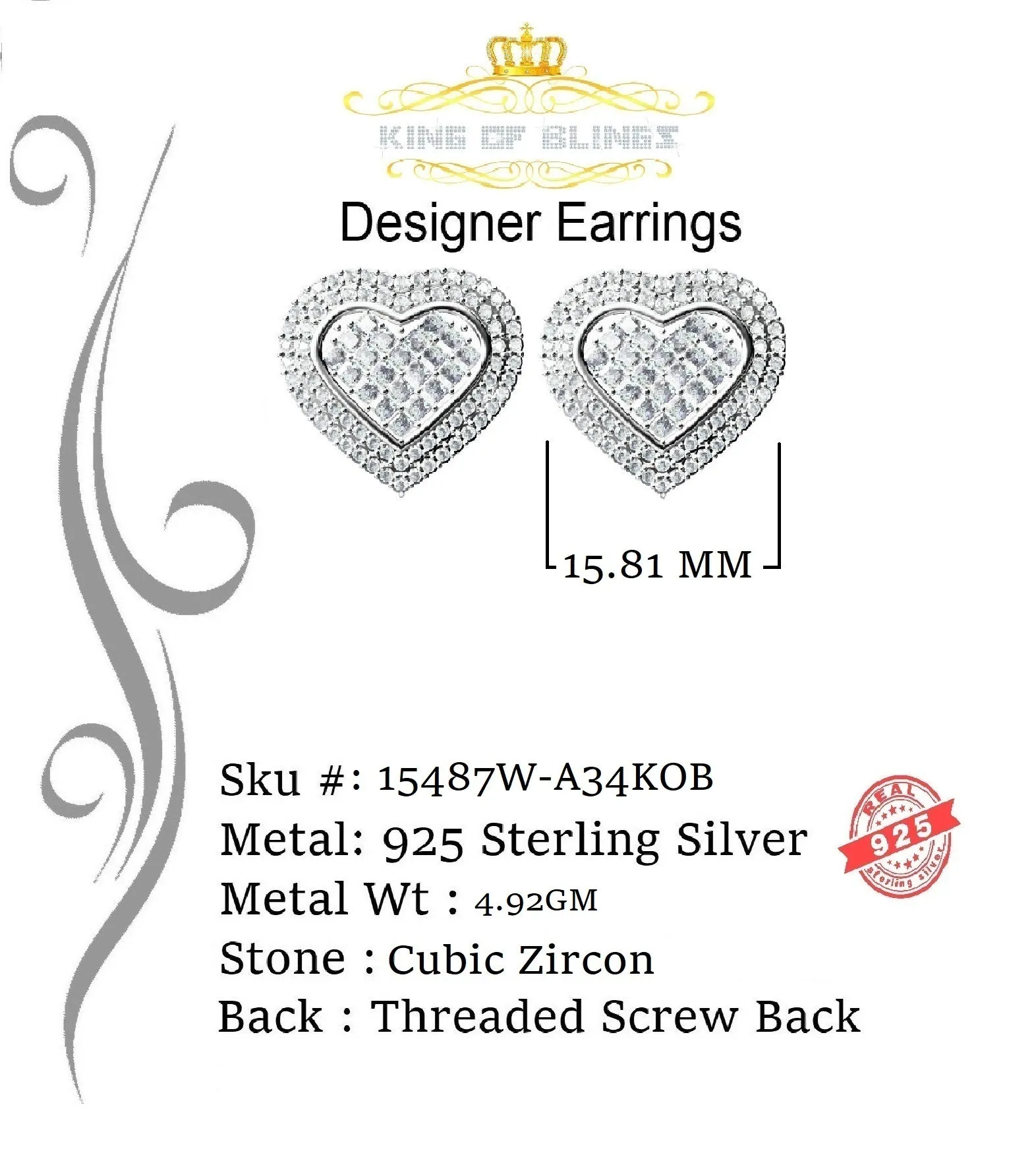 King of Blings- HIp Hop 925 White Sterling Silver 1.44ct Cubic Zirconia Heart Women's Earrings