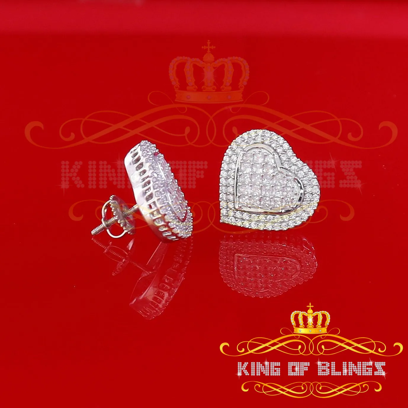 King of Blings- HIp Hop 925 White Sterling Silver 1.44ct Cubic Zirconia Heart Women's Earrings