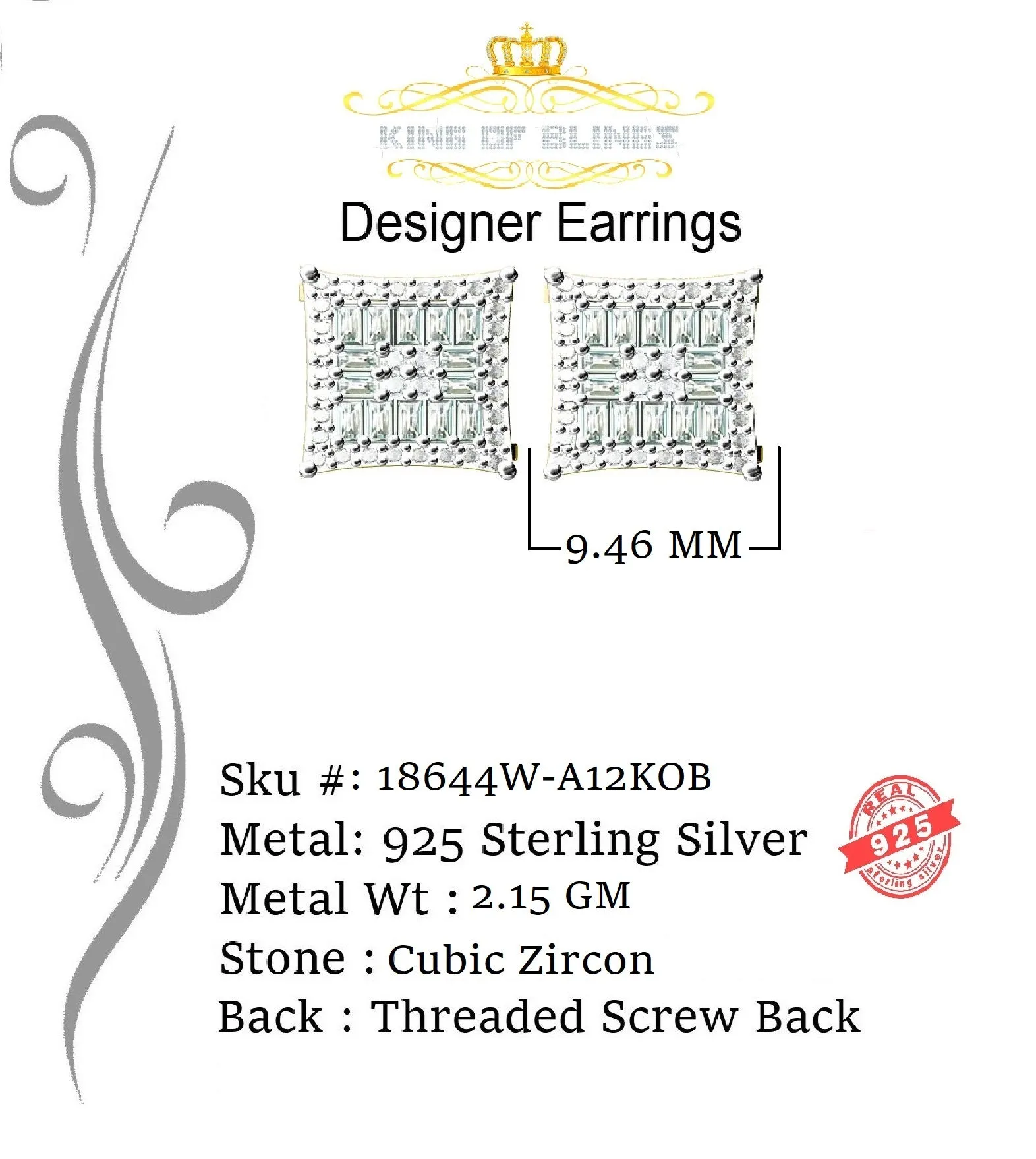 King of Blings- Hip Hop White 925 Silver 0.68ct Cubic Zirconia Women's & Men's Square Earrings