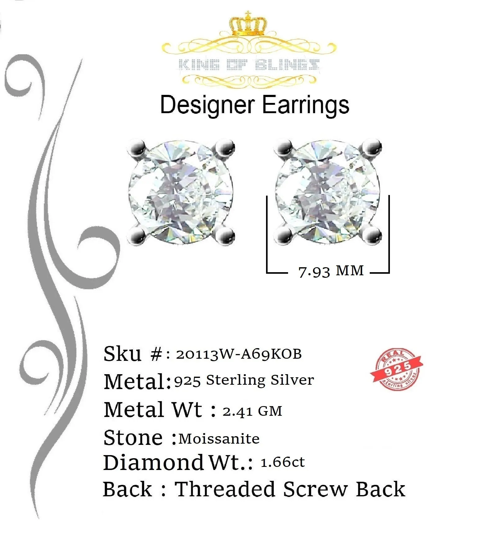 King of Bling's Men's/Women's 925 White silver W/ 3.50ct VVS 'D' Color Moissanite Stud Earrings