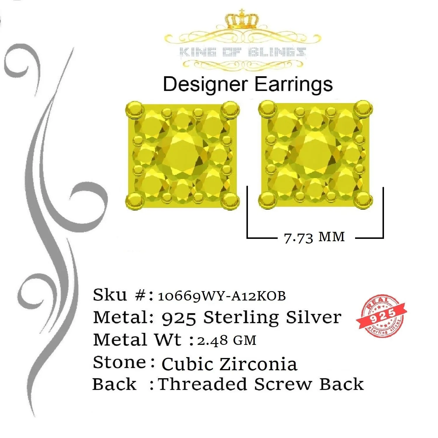 King of Blings-White Silver 1.68ct Cubic Zirconia Yellow Stone Womens/Men's Square Earrings