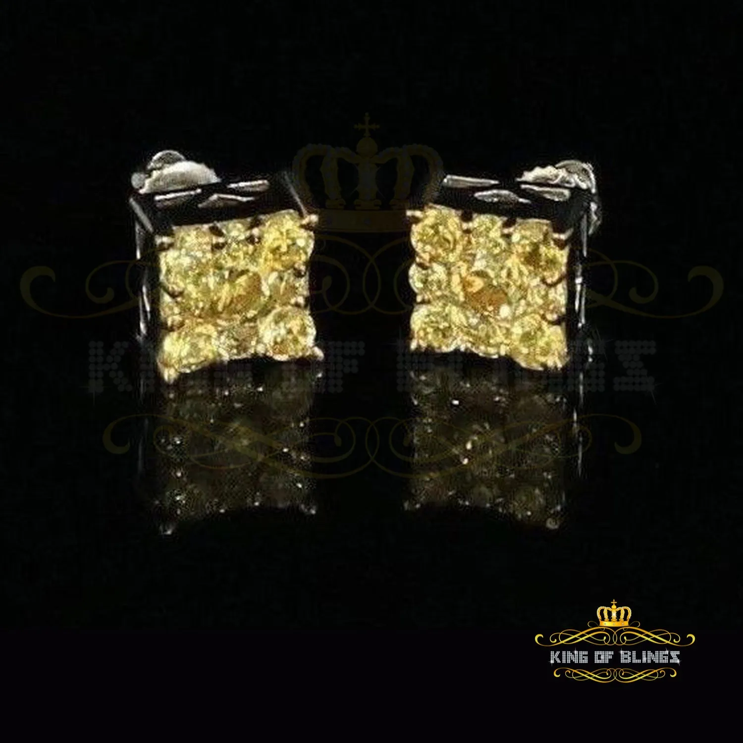 King of Blings-White Silver 1.68ct Cubic Zirconia Yellow Stone Womens/Men's Square Earrings