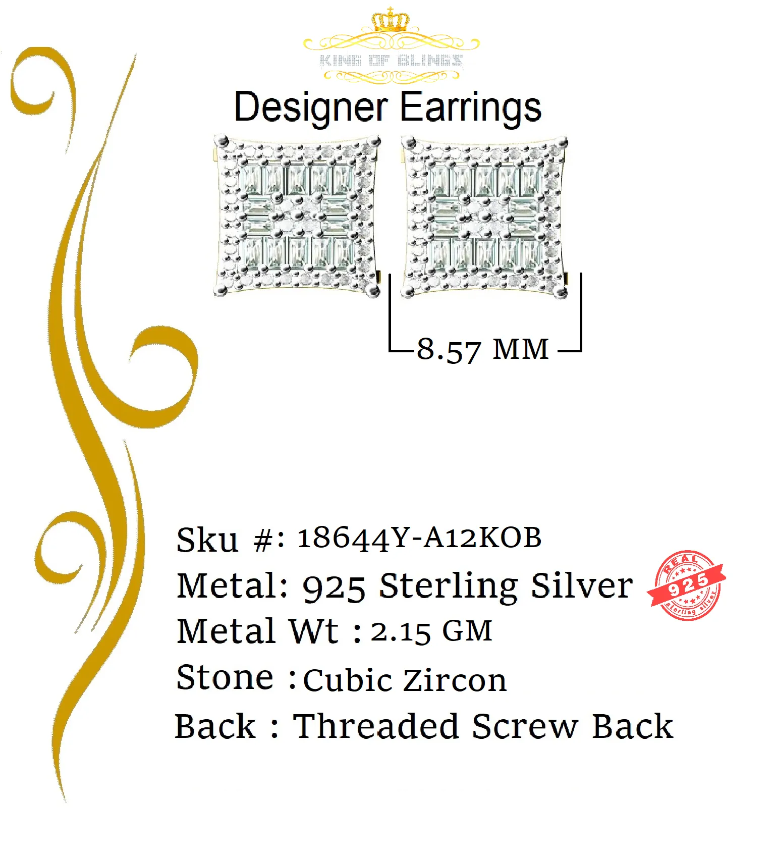 King of Bling's Yellow 925 Sterling Silver 0.68ct Cubic Zirconia Women's & Men's Square Earrings